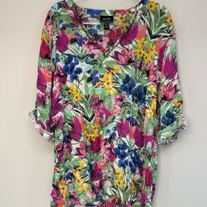 Nicole Miller Floral Blouse tunic top shirt beaded neckline size large summer
